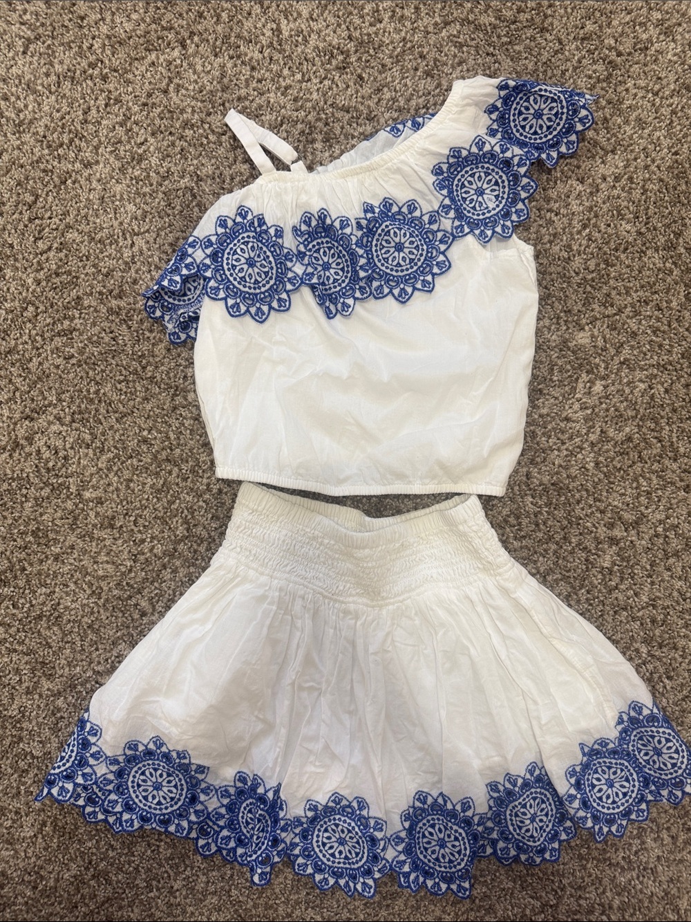 White & Blue Embroidered One-Shoulder Kids Two Piece